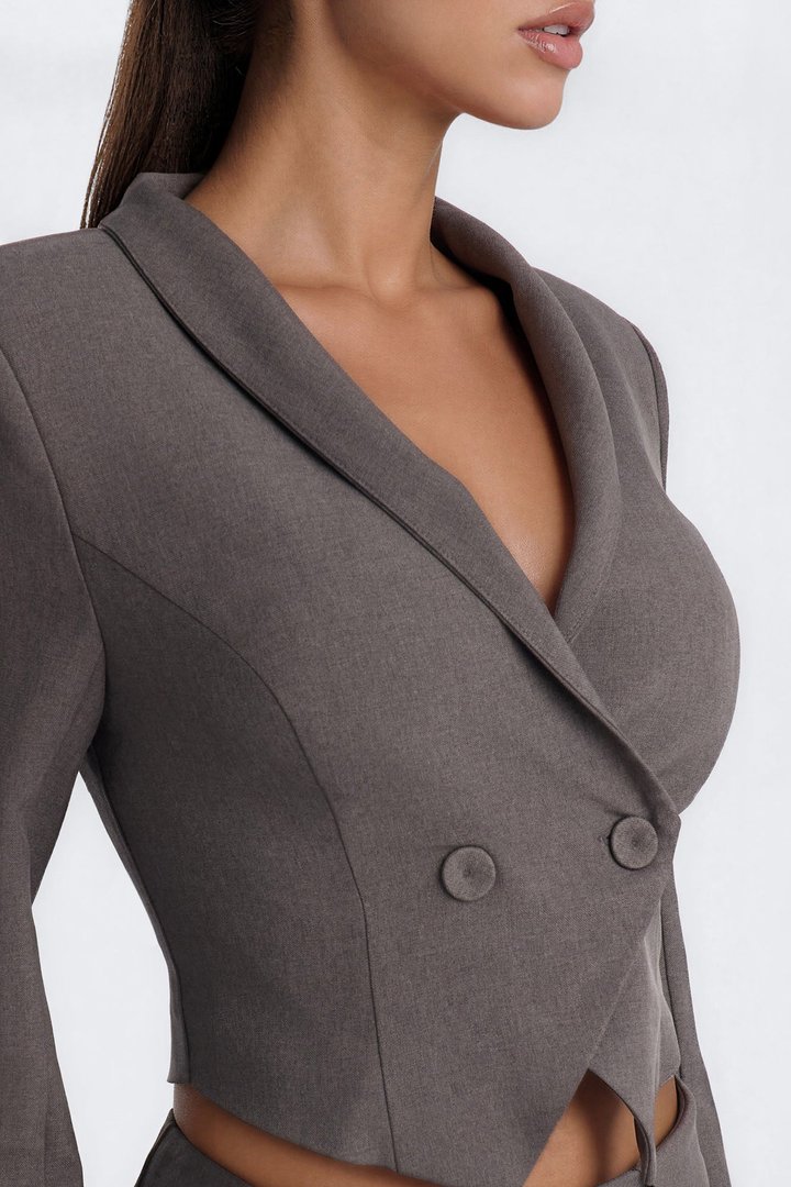 Heathered Edge Double Breasted Cropped Blazer - Charcoal