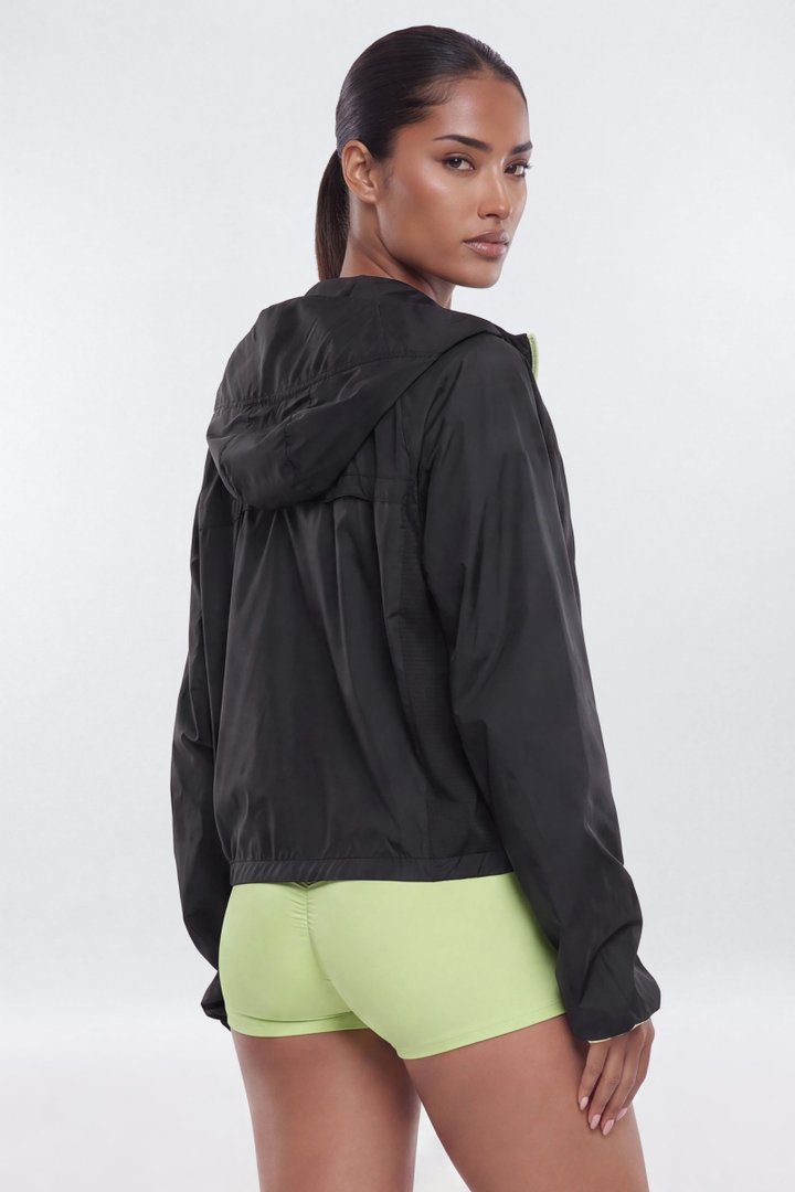 Nylon Light Weight RipStop Zip Up Hooded Running Jacket - Black