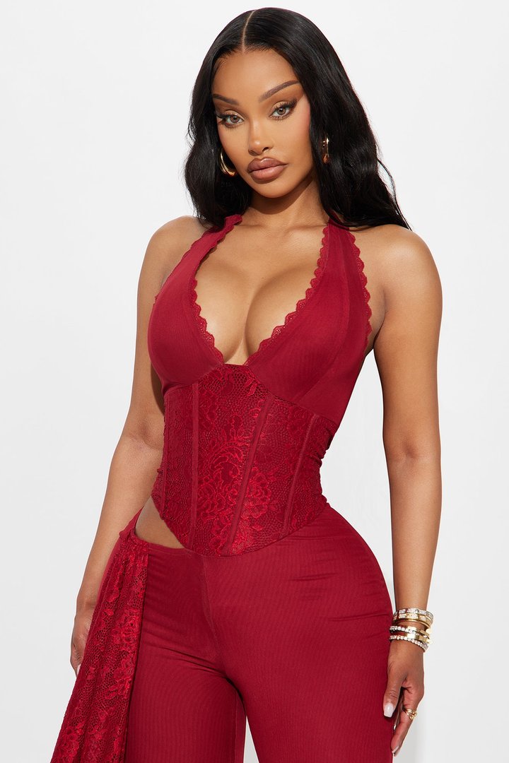 Melrose Mesh Halter Corset Jumpsuit - Burgundy