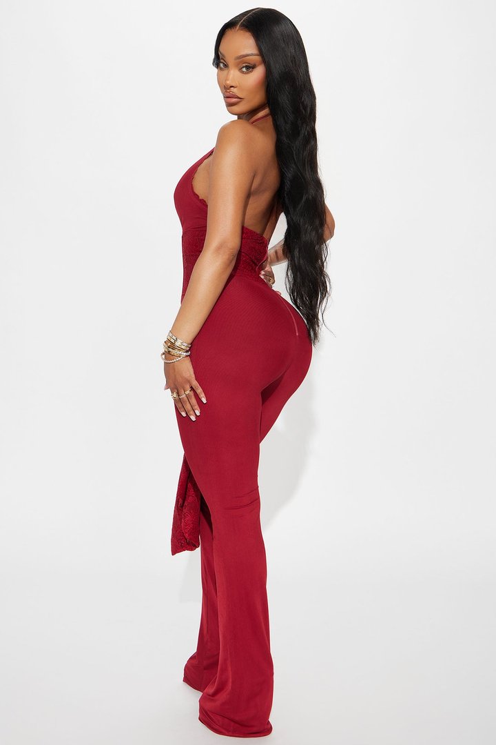 Melrose Mesh Halter Corset Jumpsuit - Burgundy