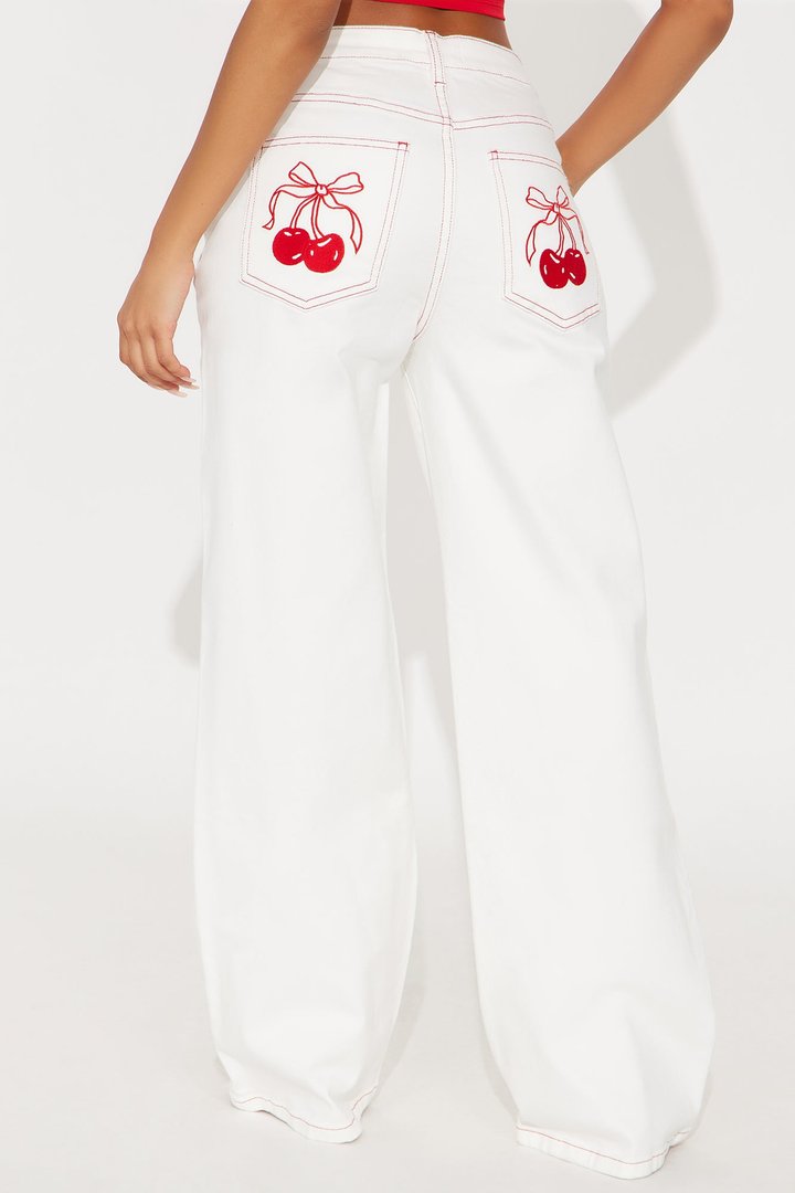 Cherry Bow Embroidered Wide Leg Jeans - White