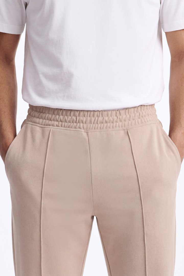 Structured Fleece Pintuck Slim Flare Sweatpants - Tan
