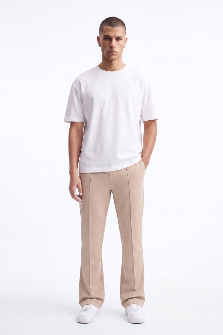 Structured Fleece Pintuck Slim Flare Sweatpants - Tan