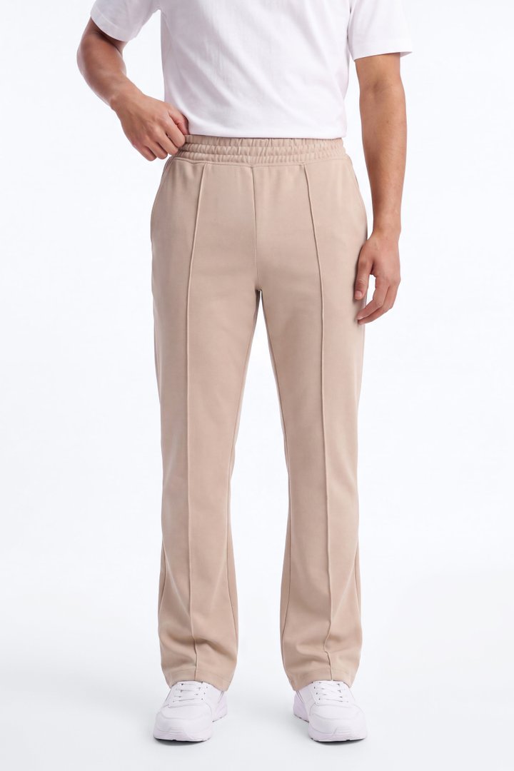 Structured Fleece Pintuck Slim Flare Sweatpants - Tan
