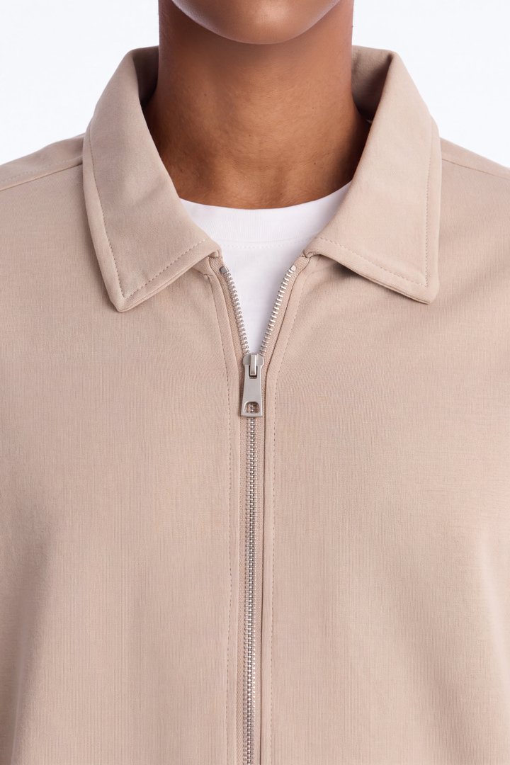 Structured Fleece Oversized Full Zip Polo - Tan