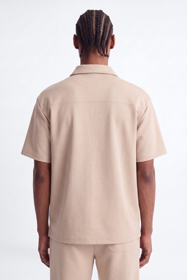 Structured Fleece Oversized Full Zip Polo - Tan