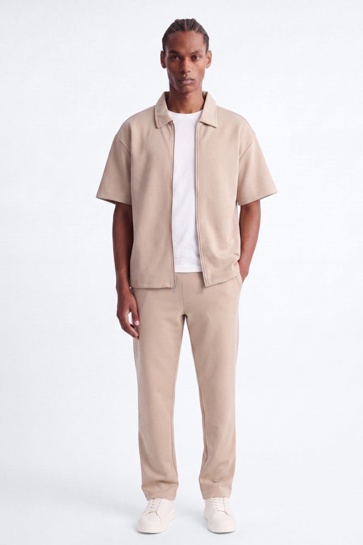 Structured Fleece Oversized Full Zip Polo - Tan