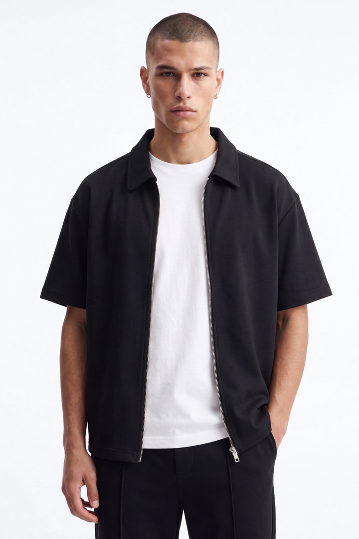 Structured Fleece Oversized Full Zip Polo - Black