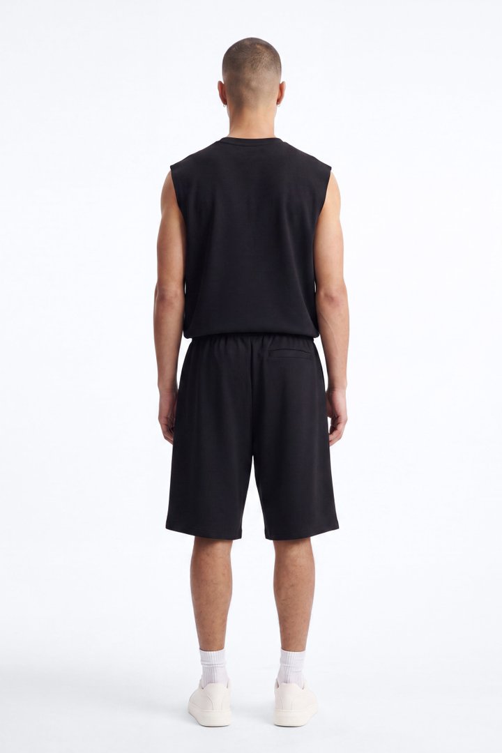 Structured Fleece Pleated Baggy Short - Black