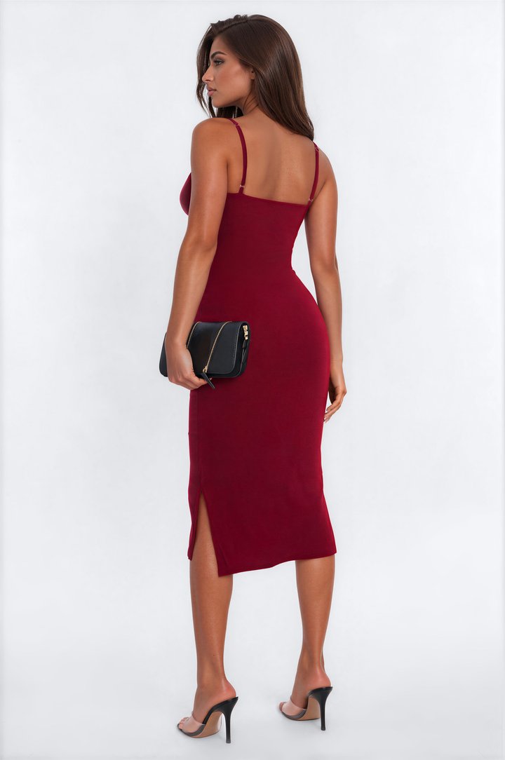 Henley Lace Trim Midi Dress - Burgundy