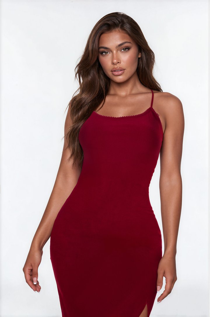 Henley Lace Trim Midi Dress - Burgundy