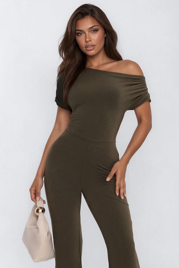 Date Night One Shoulder Jumpsuit - Olive