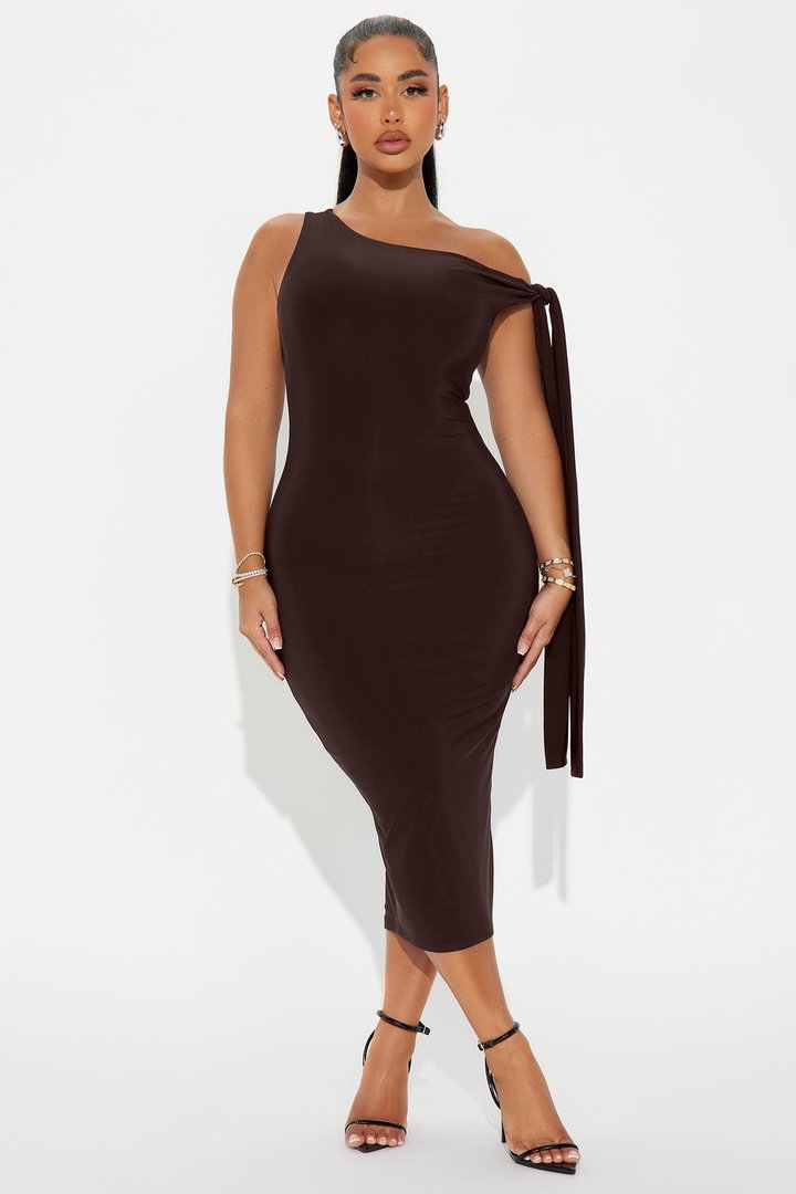 Olympia Twist One Shoulder Midi Dress - Chocolate