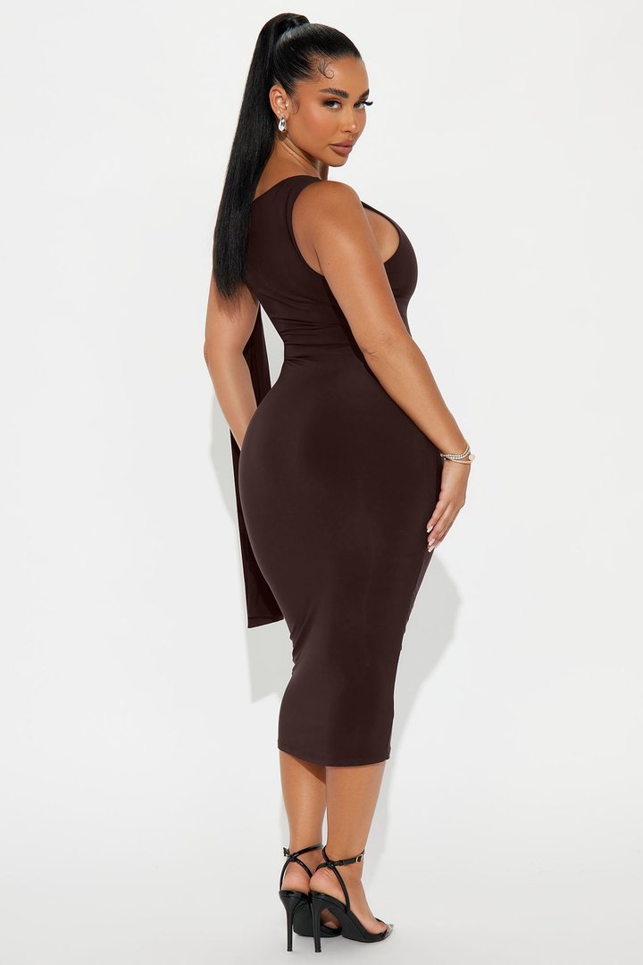 Olympia Twist One Shoulder Midi Dress - Chocolate
