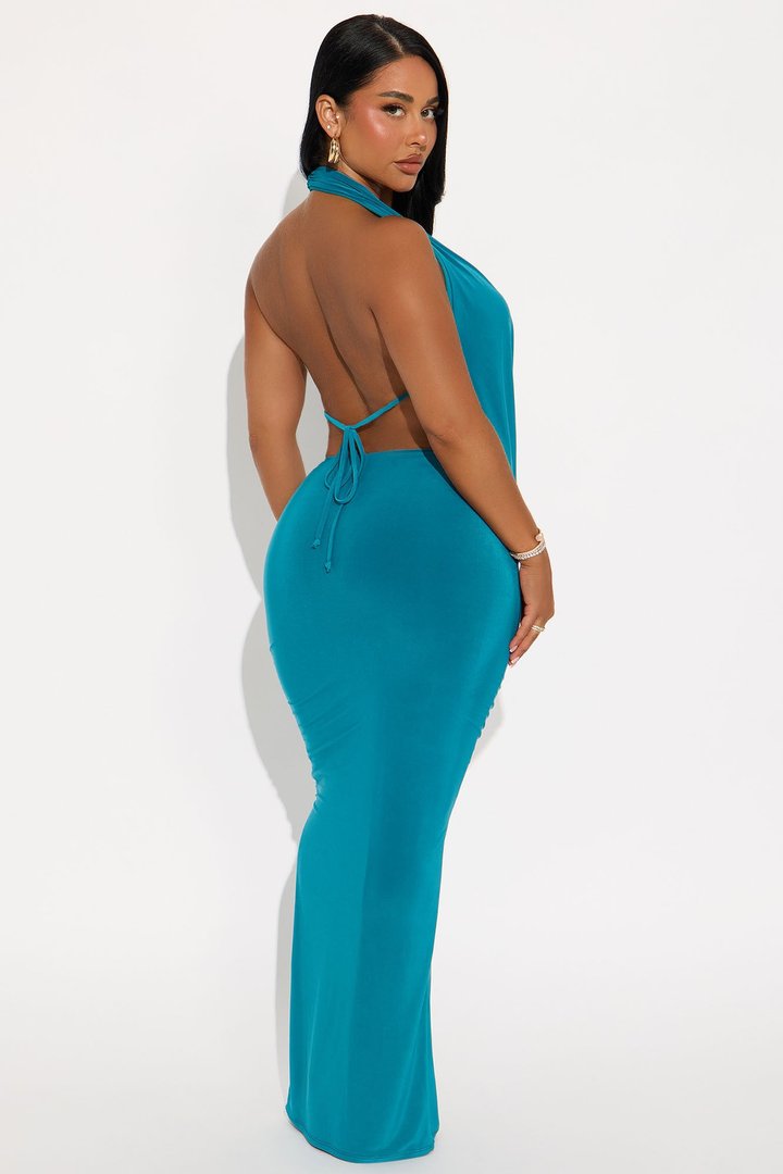 Hilana Draped Cowl Neck Backless Maxi Dress - Teal
