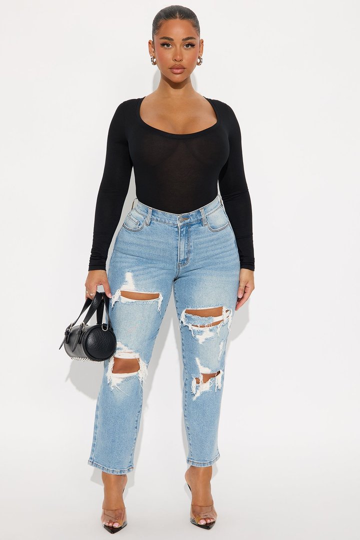 Petite Because I Said So Destroyed Mom Jeans - Medium Blue Wash