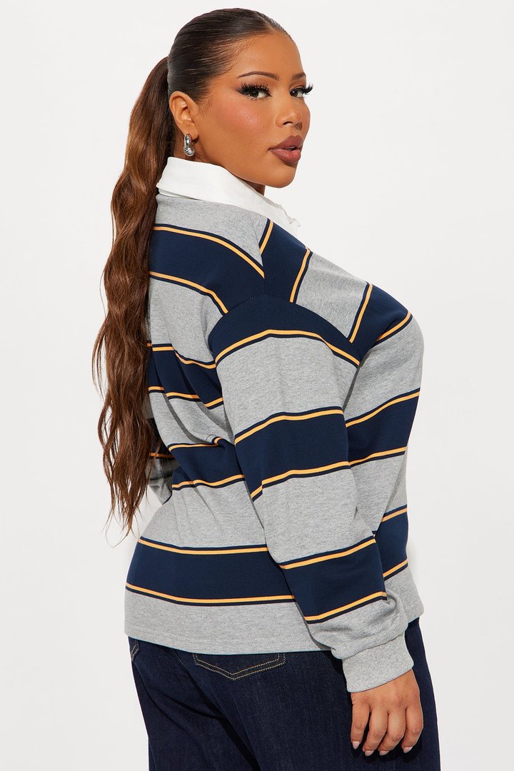 East Coast Rugby Stripe Polo Top - Heathered Grey
