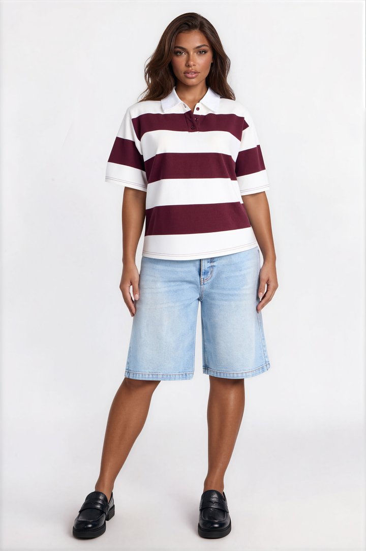 Avery Striped Short Sleeve Polo Top - Cream/combo