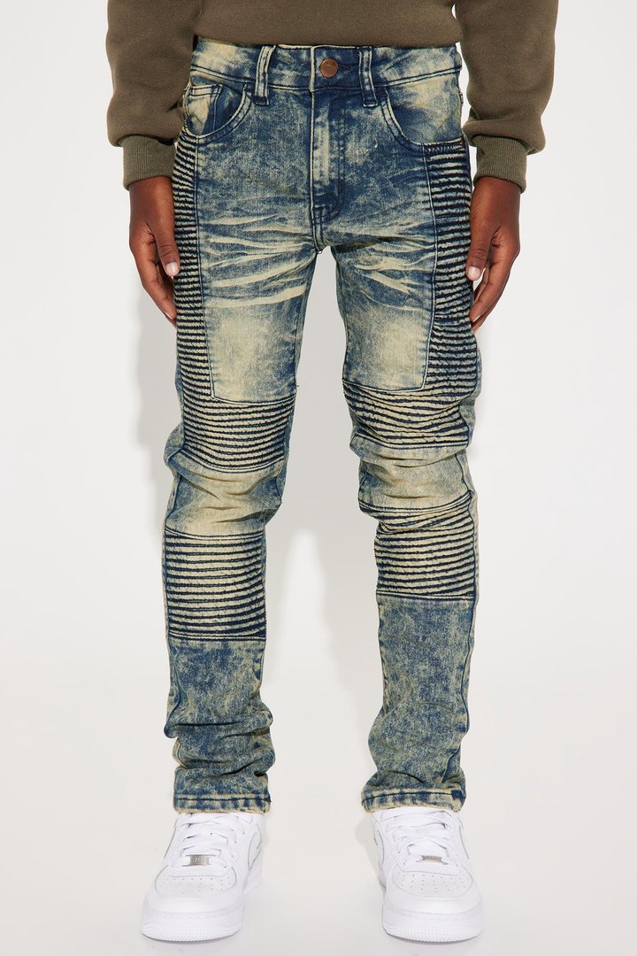 Mini Stretch Denim Splatter Moto Jeans - Indigo