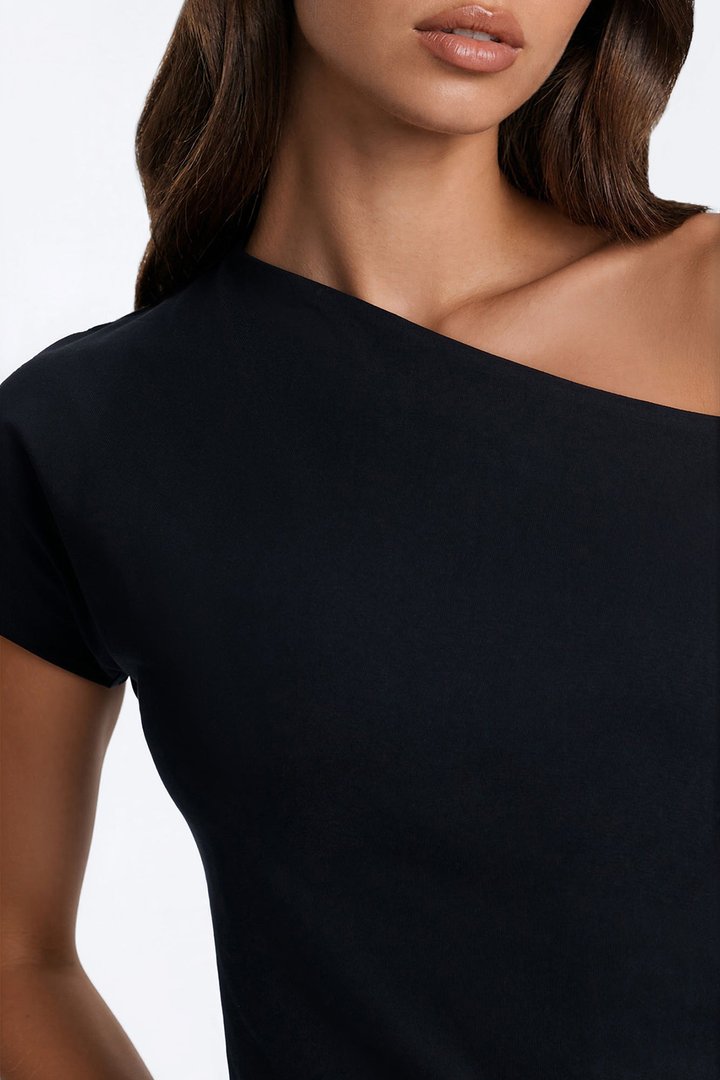 Cotton One Shoulder Short Sleeve T Shirt - Black