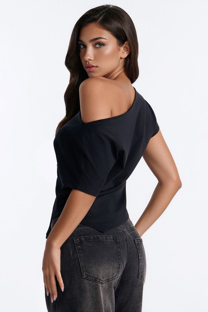 Cotton One Shoulder Short Sleeve T Shirt - Black
