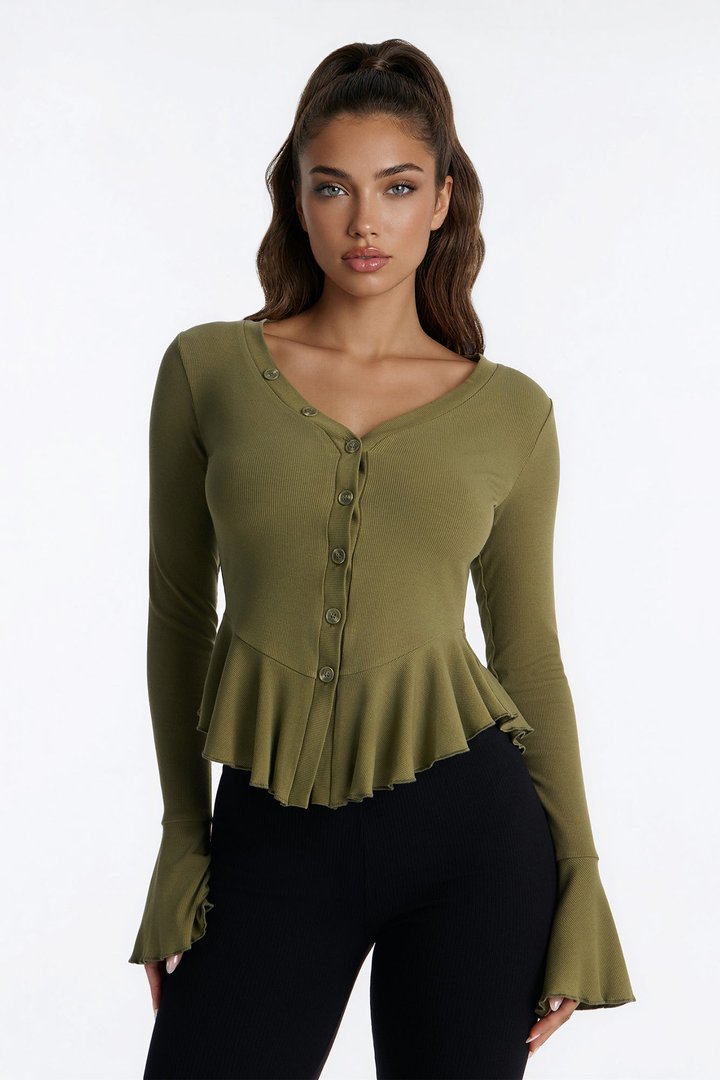 Arrow Long Sleeve Button Up Top - Olive