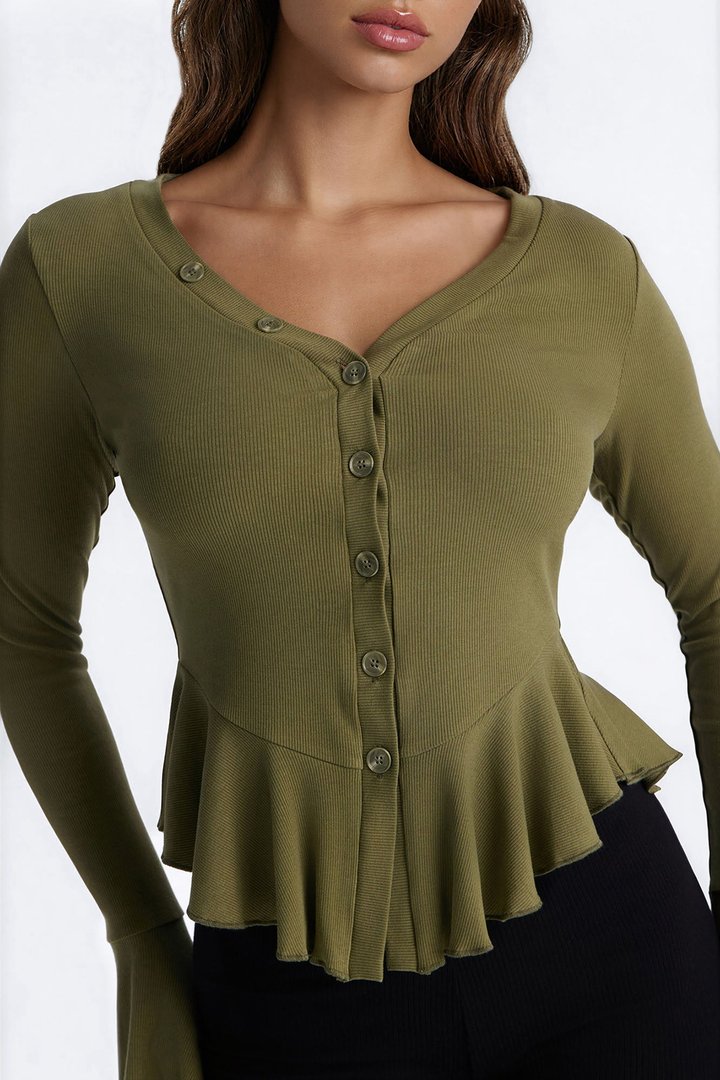 Arrow Long Sleeve Button Up Top - Olive
