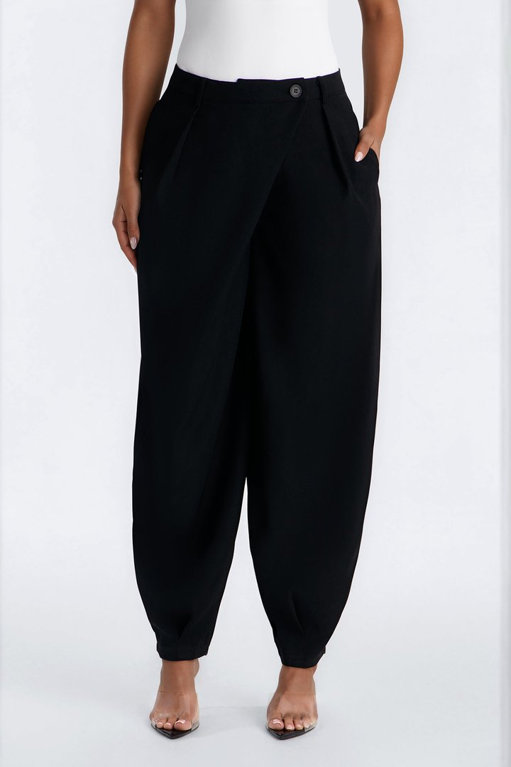 Renata High Rise Wrapped Barrel Leg Trouser Pant - Black