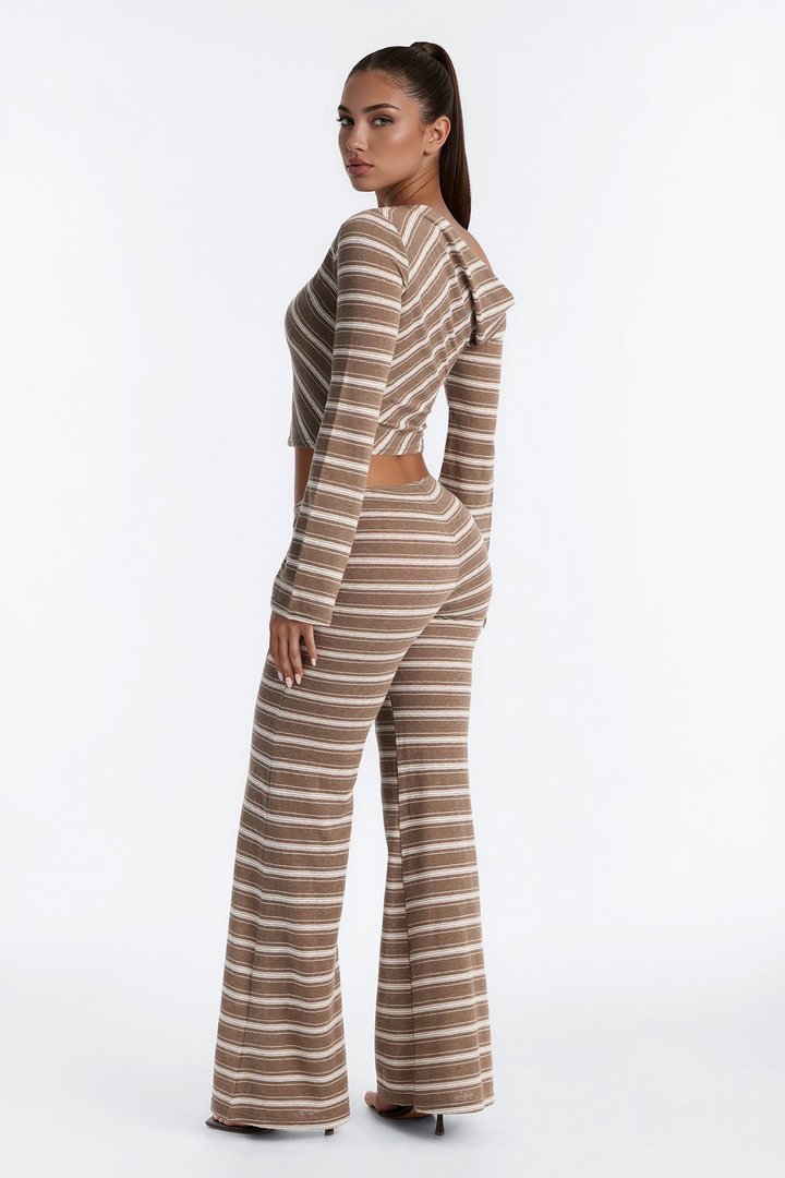 Rebecca Off Shoulder Striped Pant Set - Mocha/combo