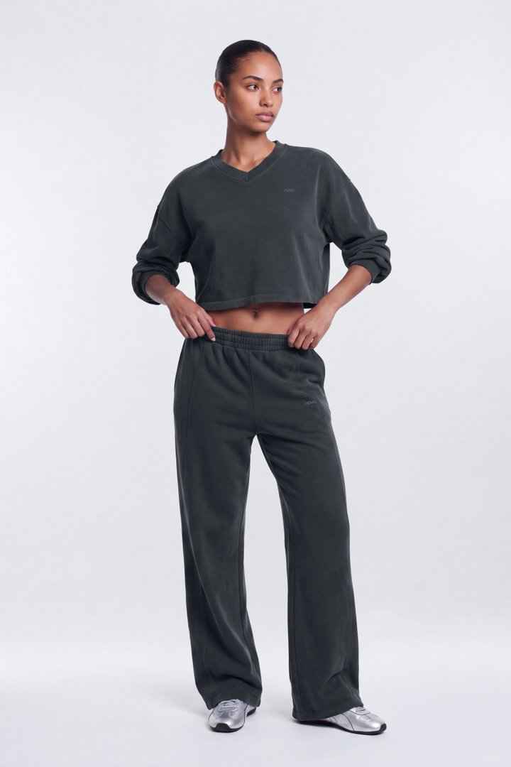 French Terry Crop V Neck Sweatshirt - Carbon