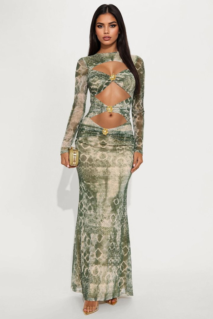Lydia Cut Out Mesh Maxi Dress - Green/combo