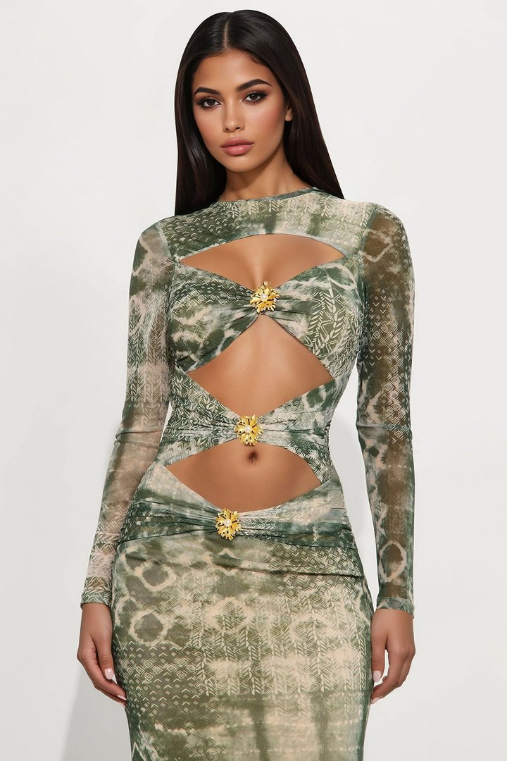 Lydia Cut Out Mesh Maxi Dress - Green/combo