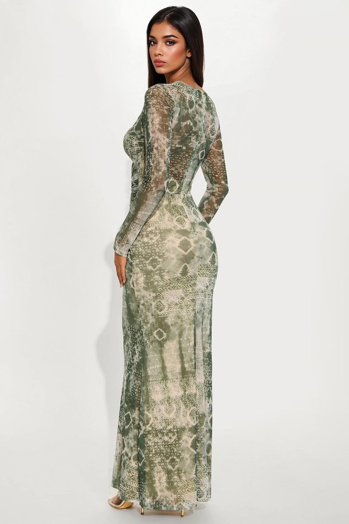 Lydia Cut Out Mesh Maxi Dress - Green/combo