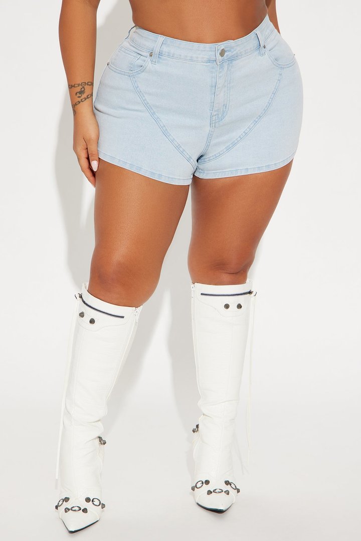 In High Demand Denim Moto Shorts - Light Wash