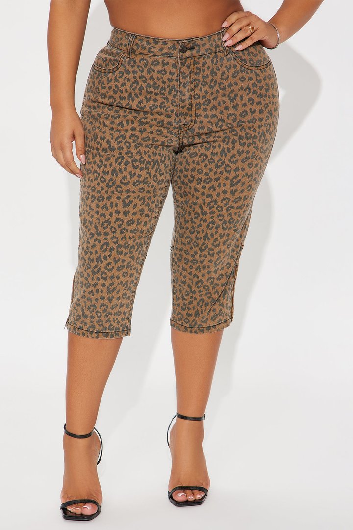 Let's Get Wild Stretch Animal Print Denim Capri - Brown