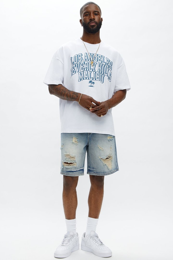 Relaxed Wish You Could Distressed Denim Shorts - Medium Blue Wash