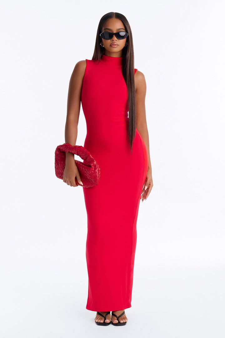 Michelle Premium Modal High Neck Maxi Dress - Red