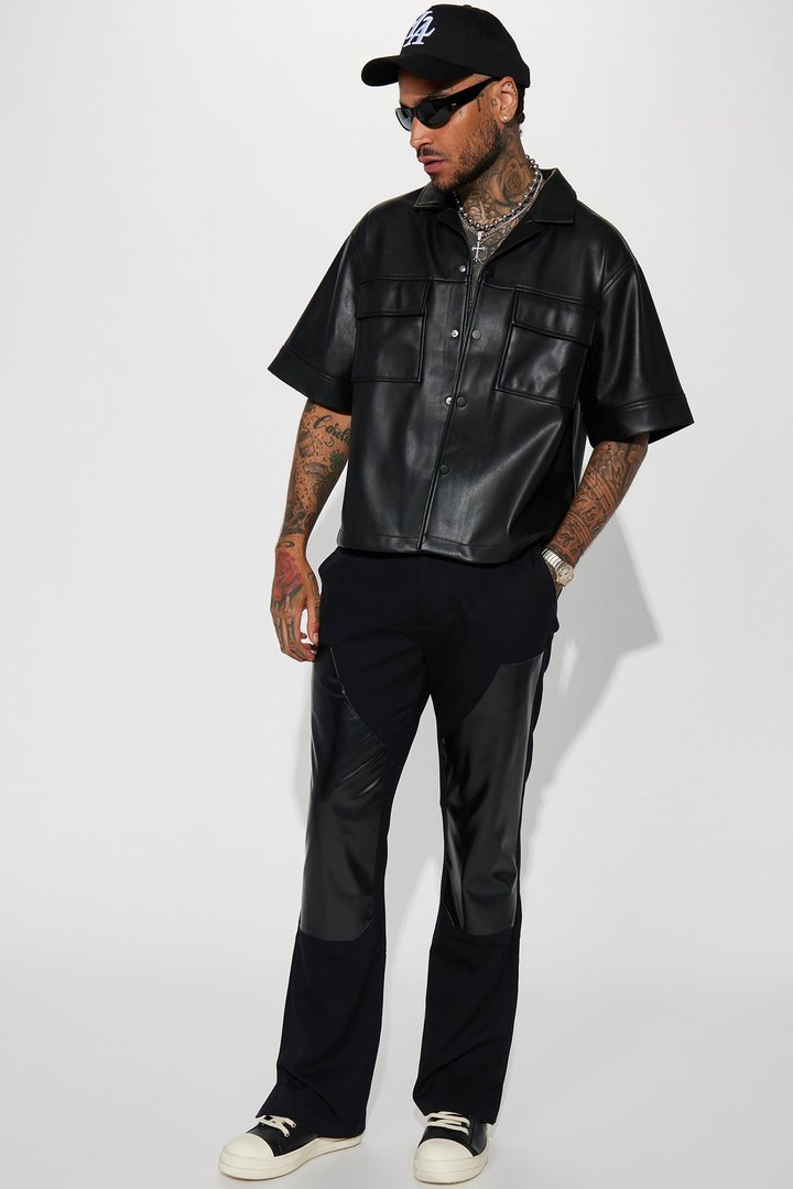 Cropped High Stepper Faux Leather Button Up Shirt - Black