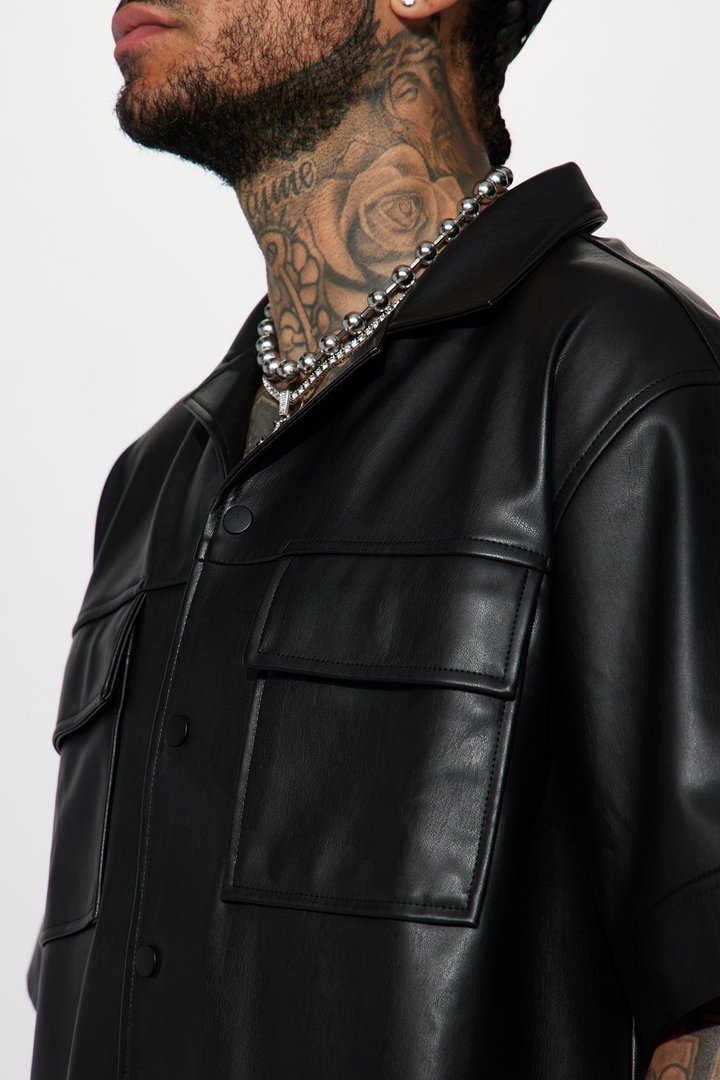 Cropped High Stepper Faux Leather Button Up Shirt - Black