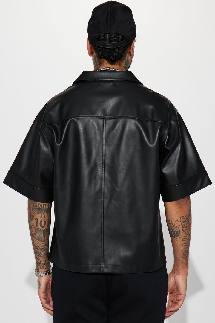 Cropped High Stepper Faux Leather Button Up Shirt - Black