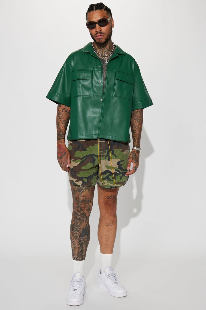 Cropped High Stepper Faux Leather Button Up Shirt - Hunter