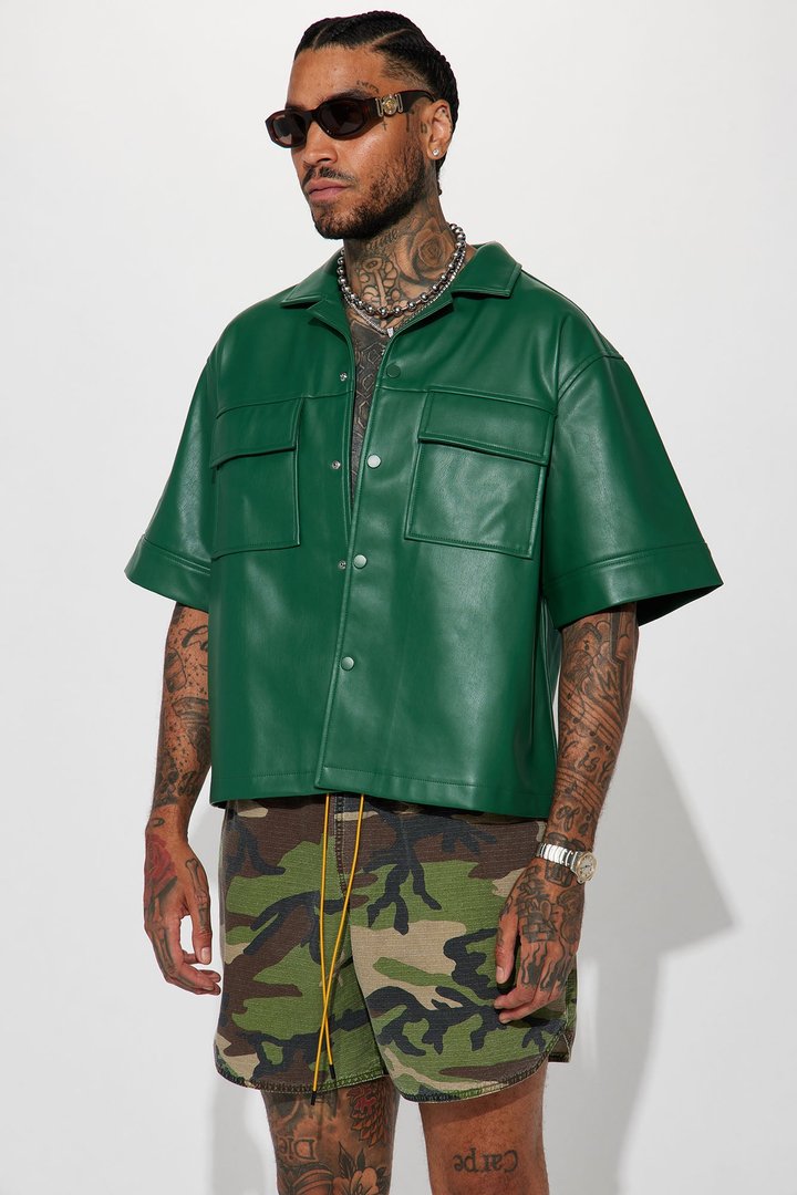 Cropped High Stepper Faux Leather Button Up Shirt - Hunter