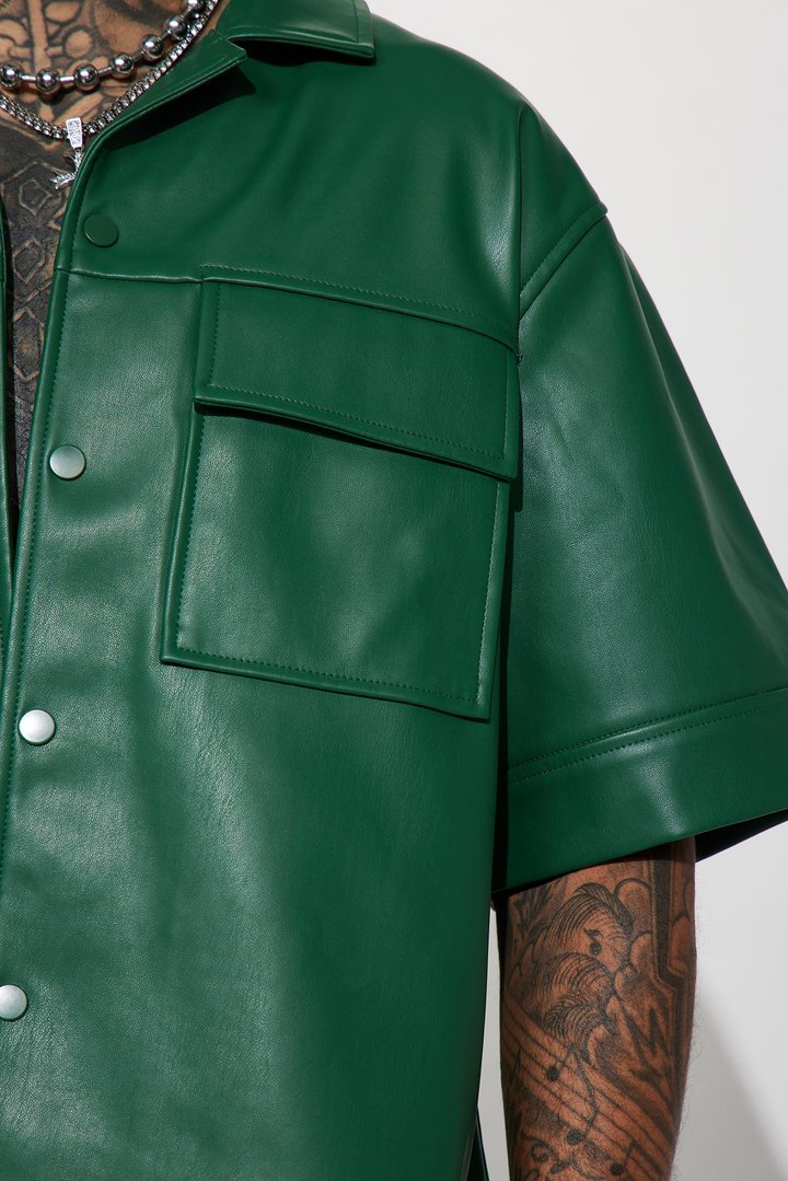 Cropped High Stepper Faux Leather Button Up Shirt - Hunter