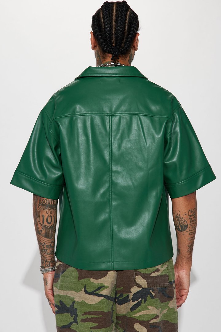 Cropped High Stepper Faux Leather Button Up Shirt - Hunter