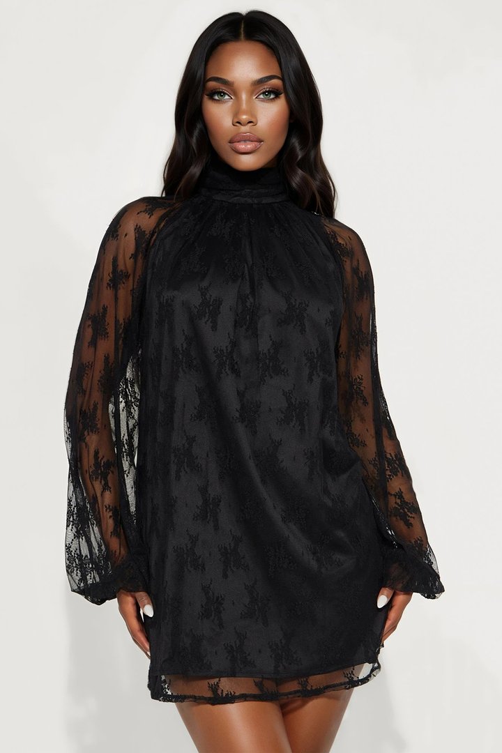Maya Lace Long Sleeve Mini Dress - Black