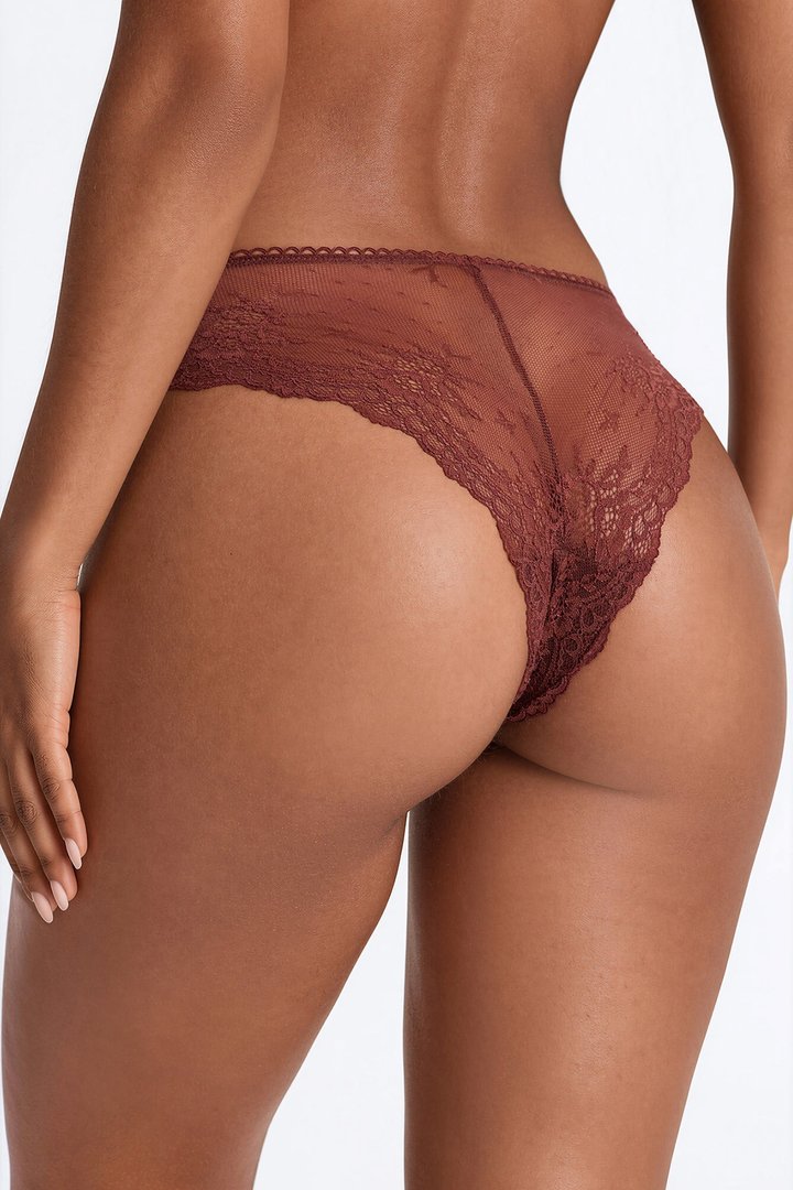 See Through It Lace Galloon Bikini Cheeky Panty - Brown