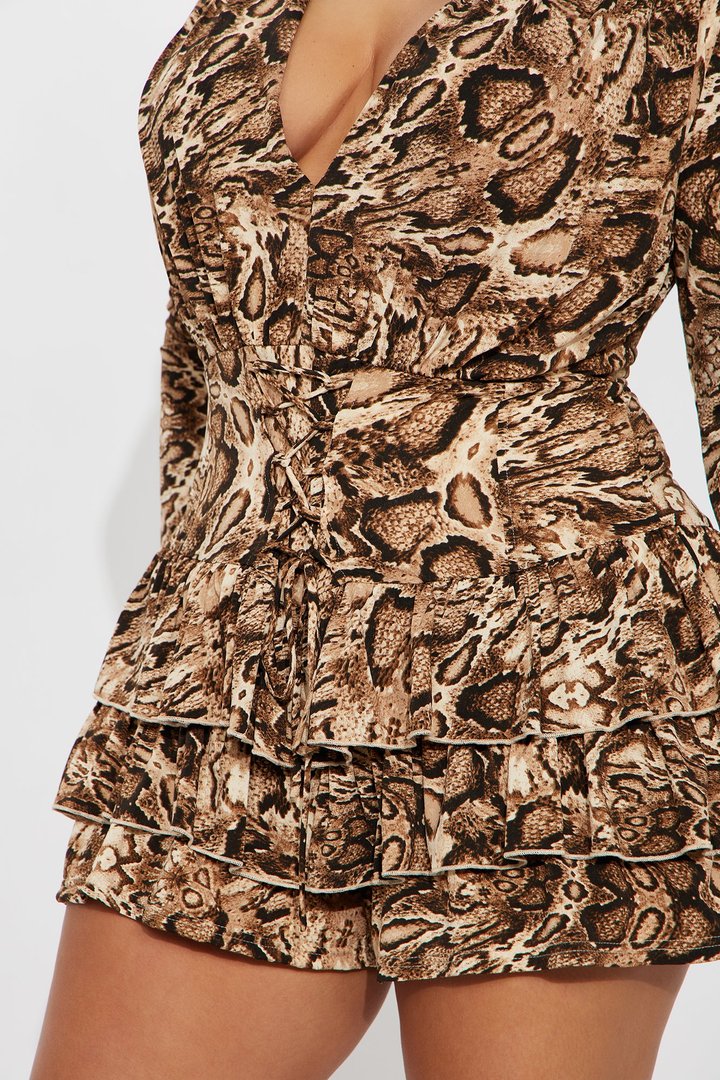 Darla Animal Print Long Sleeve Romper - Brown Combo