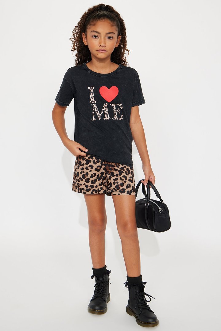 Mini I Love Me Leopard Washed Oversized Tee - Black
