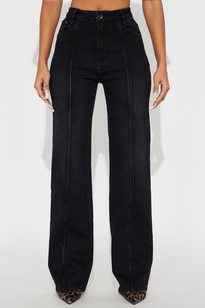 Pintucked Straight Leg Jeans - Black Wash