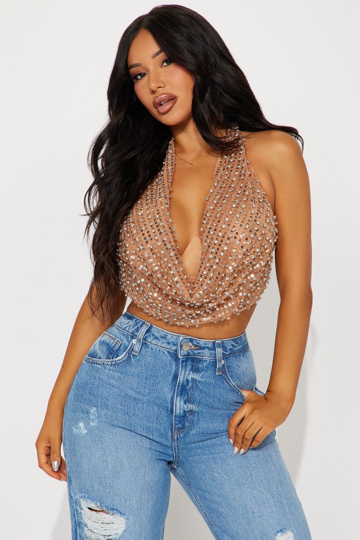 Going Out Tonight Rhinestone Halter Top - Nude